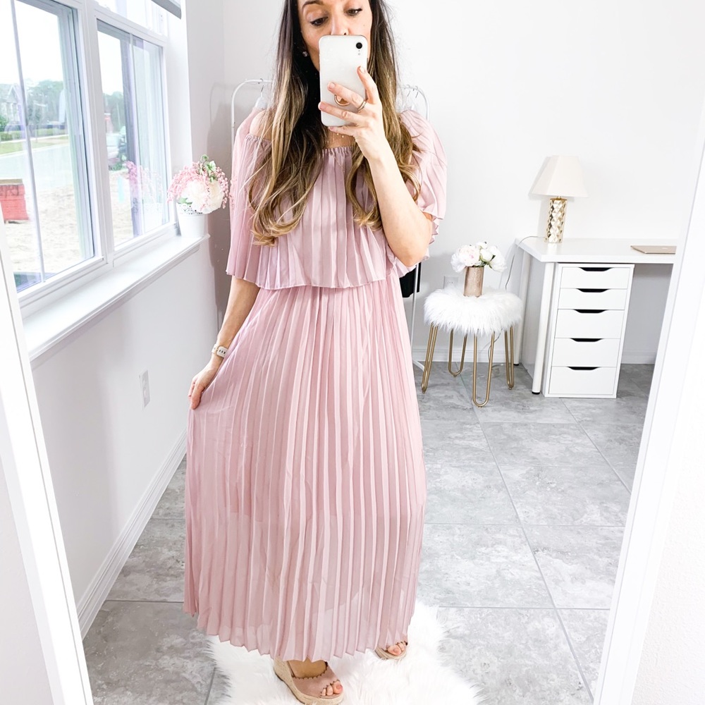 Dusty Pink Off Shoulder Ruffle Pleated Maxi Dress - Picture 11 of 12